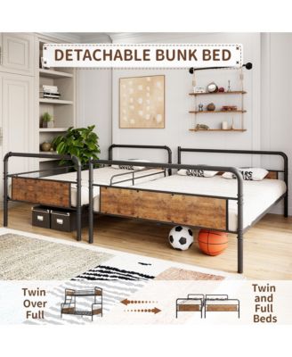 Bunk Bed Twin Over Full with High Guardrail and Ladder, Convertible Metal Bunk Beds