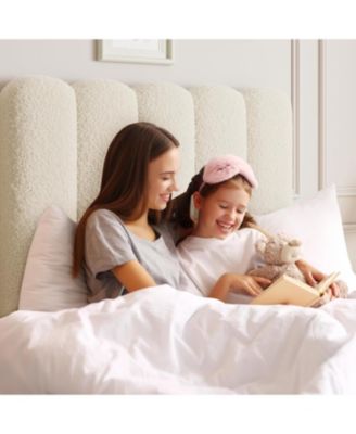 2 Sets Twin Bed Frame with Under-Bed Drawer, Upholstered Platform Bed with Wave Headboard for Kids/Girls, Wooden Slats Support, Boucle Beige