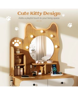 Small Kitty Vanity Desk with Lighted Mirror and Power Outlets, Makeup Table
