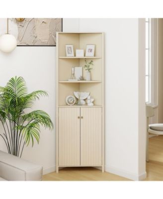 68" Tall Corner Bathroom Cabinet with 5 Shelves and 2 Fluted Doors, Space-Saving