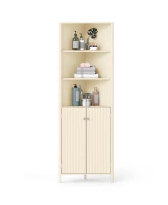 68" Tall Corner Bathroom Cabinet with 5 Shelves and 2 Fluted Doors, Space-Saving