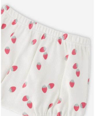Baby Girls Cotton Rib Jersey Top and Short Set White Printed Strawberries