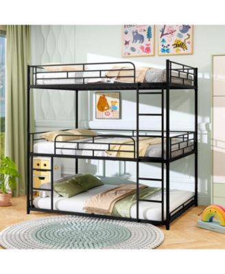 Triple Metal Bunk Bed with Dual Ladders and Safety Rails - 56