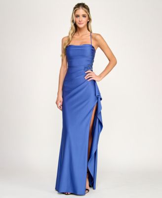 Juniors' Drape Neck Side Ruffle Gown