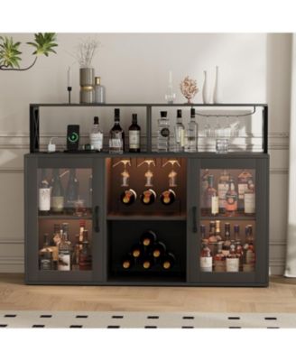 Wine Bar Cabinet with LED Lights & Power Outlets, Farmhouse Liquor Cabinet with Wine Rack & Glass Holder