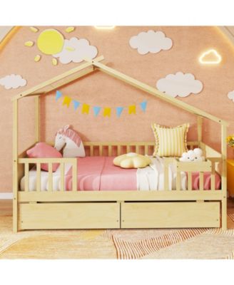 Twin Size House Bed with Roof Design and Two Built-In Drawers
