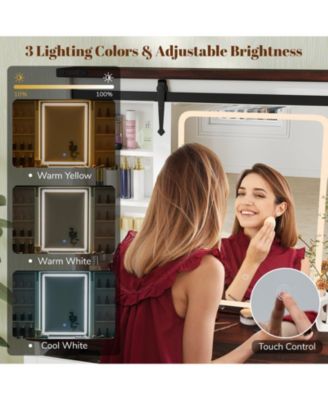 Farmhouse Vanity Desk with Barn-Style Sliding Mirror and 3 Lighting Modes