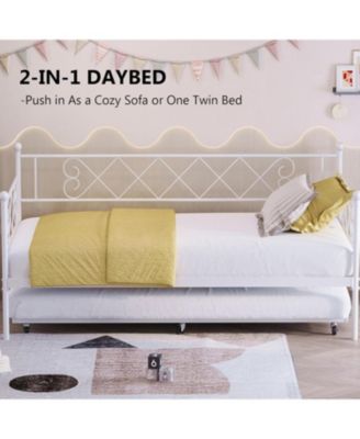 Twin Daybed with Trundle, Heavy-Duty Metal Slats, Upholstered Headboard, Space-Saving, White