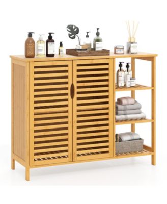 2-Door Bamboo Bathroom Storage Cabinet Organizer with Shelves, Freestanding