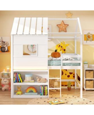 Pine Wood / Plywood / Engineered Wood LED Lighting and Built-In Bookshelf Kids Twin Loft Bed - 44