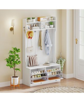 Entryway 4-in-1 Hall Tree with Coat Rack and Flip Drawers