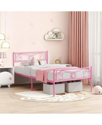 Twin Metal Platform Bed Frame with Headboard and Footboard, Steel Slat Support, Pink
