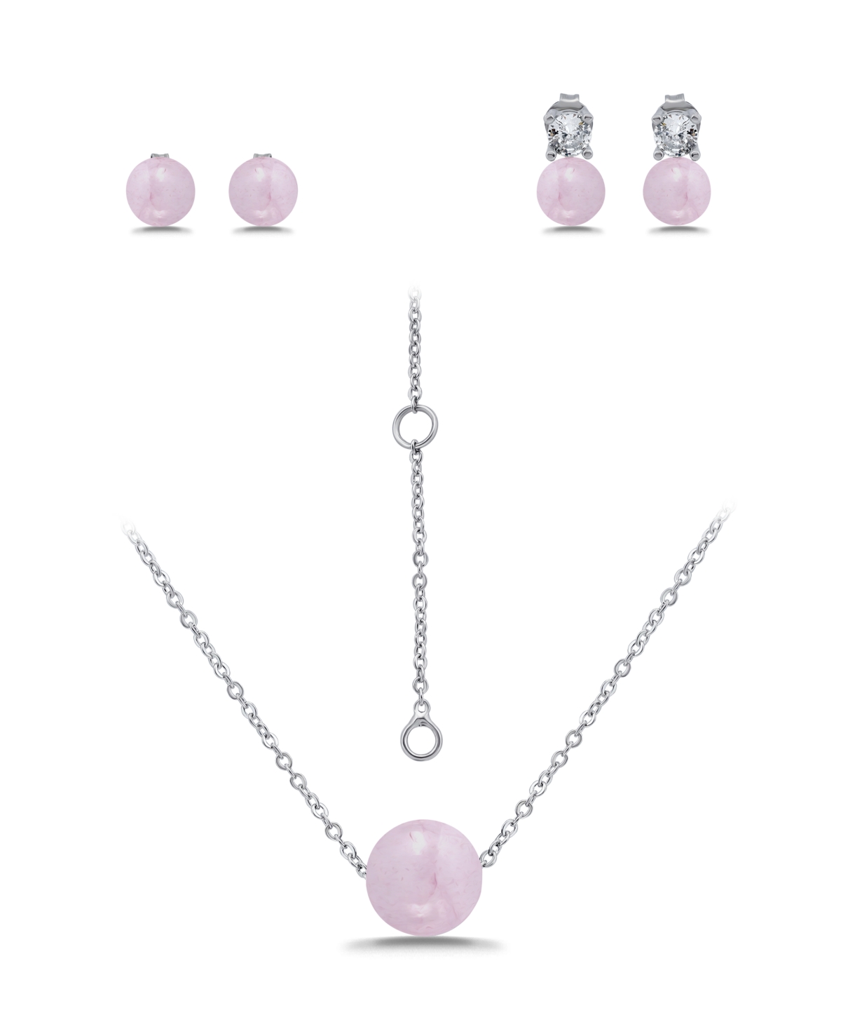 Macy's Silver Plated Earrings and Necklace Set - Silver/Rose Quartz