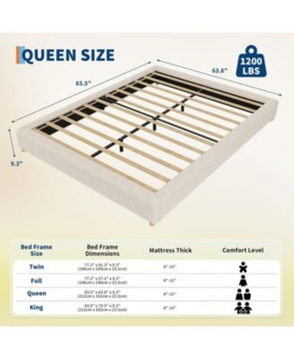 Full Cloud Bed Frame, Corduroy Upholstered, Low Platform with Wood Legs, No Box Spring, Beige