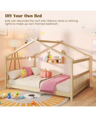 Montessori Full Size Floor Bed with House Frame and Headboard