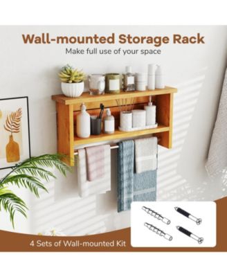 Wall-Mount 2-Tier Solid Teak Wood Bathroom Shelf with Towel Bar