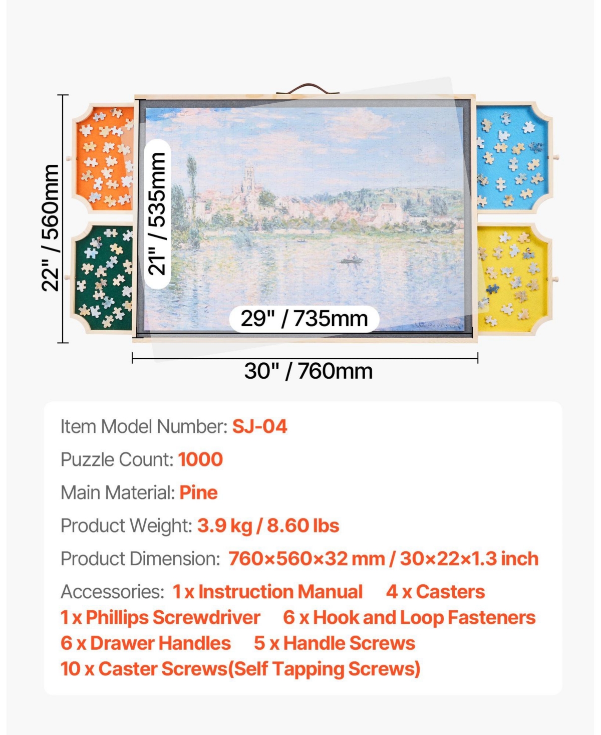 Sugift 1000-Piece Rotating Puzzle Board 29"x21" with Felt Drawers