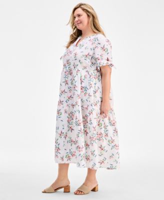 Plus Size Linen Tie-Sleeve Tiered Dress