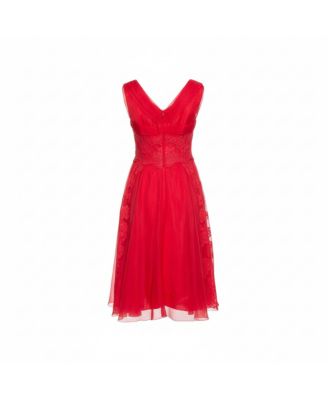 Women's Red Silk Organza Lace Trim Flared Dress