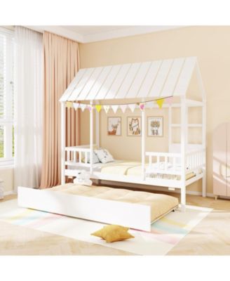 Twin-Size Platform House Bed with Trundle and Window