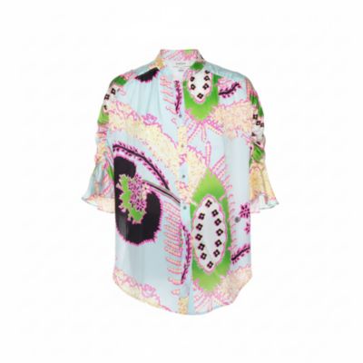 Women's Multicolor Abstract Printed Silk Ruffle Sleeve Blouse