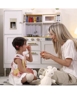 Pretend Play Kitchen Wooden Toy Set for Kids w/Lights & Sounds, Utensils, Oven, Microwave