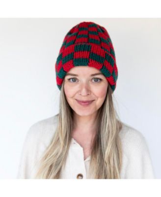 Women's Two-Tone Checkerboard Knit Beanie - Red + Green