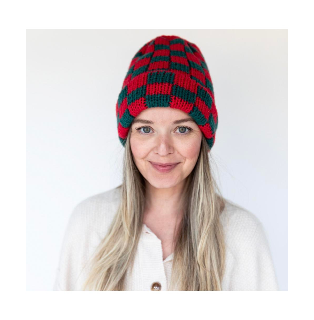 Headbands of Hope Women's Two-Tone Checkerboard Knit Beanie - Red + Green