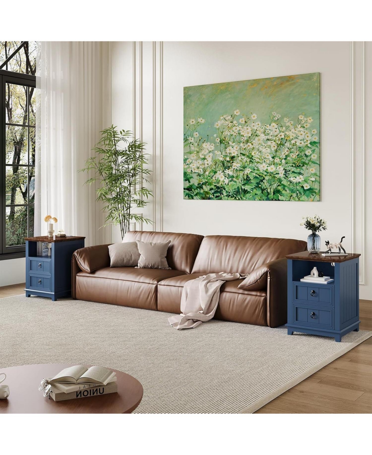 gaomon Set of 2 18 Inch Blue Fluted Wood Nightstands, Bedside End Table with Usb Charging Station