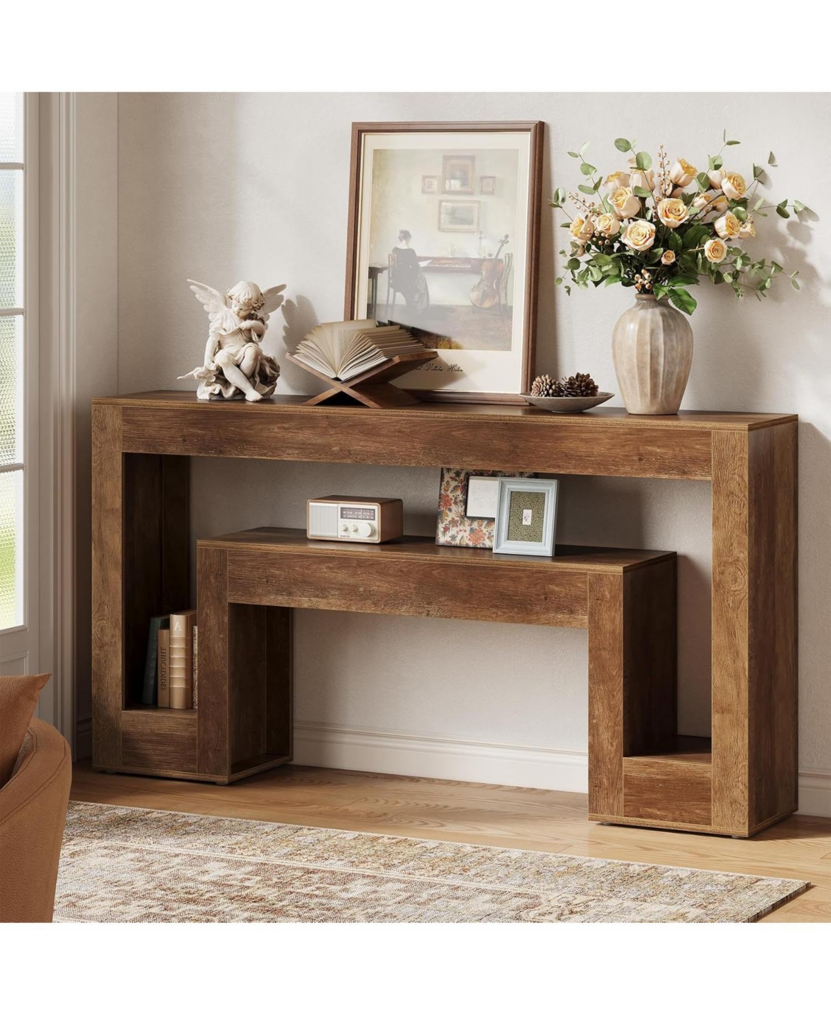 Tribesigns 63-Inch Long Console Table with 2-Tier Shelf,Wood Farmhouse Sofa Table Behind The Couch,Narrow Sofa Table, Rustic Brown