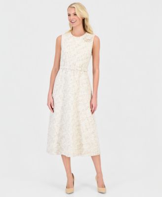 Women's Tweed Rosette Belted Midi Dress