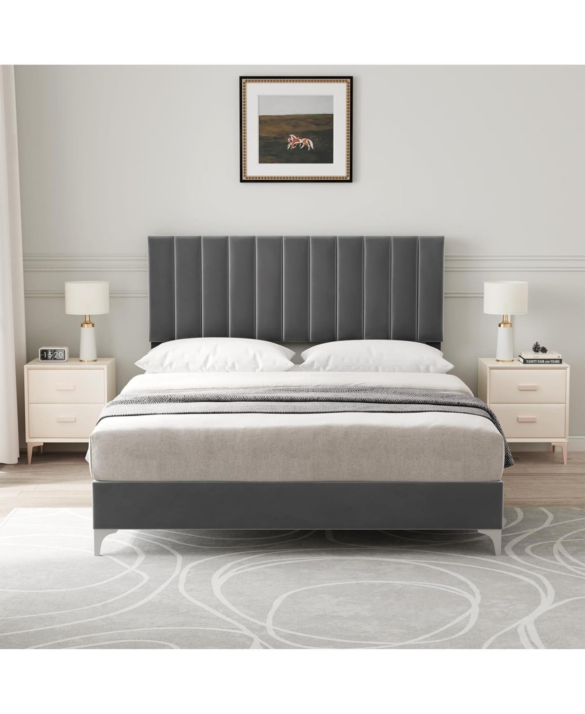 gaomon Queen Velvet Adjustable Platform Bed with Headboard, Strong Wood Slats, Noise-Free, No Box Spring, Dark Grey