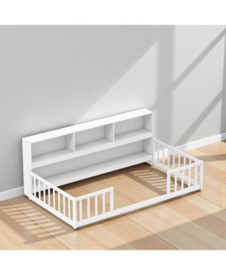 Kids Twin Floor Bed with Bookcase and Montessori Design