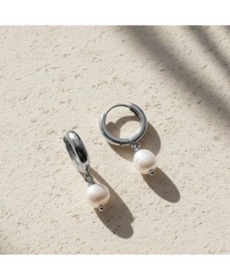 Silver Mini Hoop Earrings with Freshwater Pearl Drop