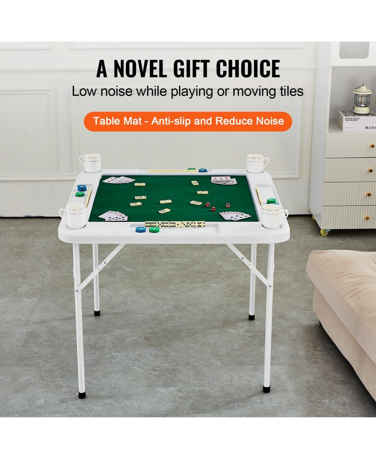 Sugift Folding Mahjong Domino Table with Green Top and Cup Holders