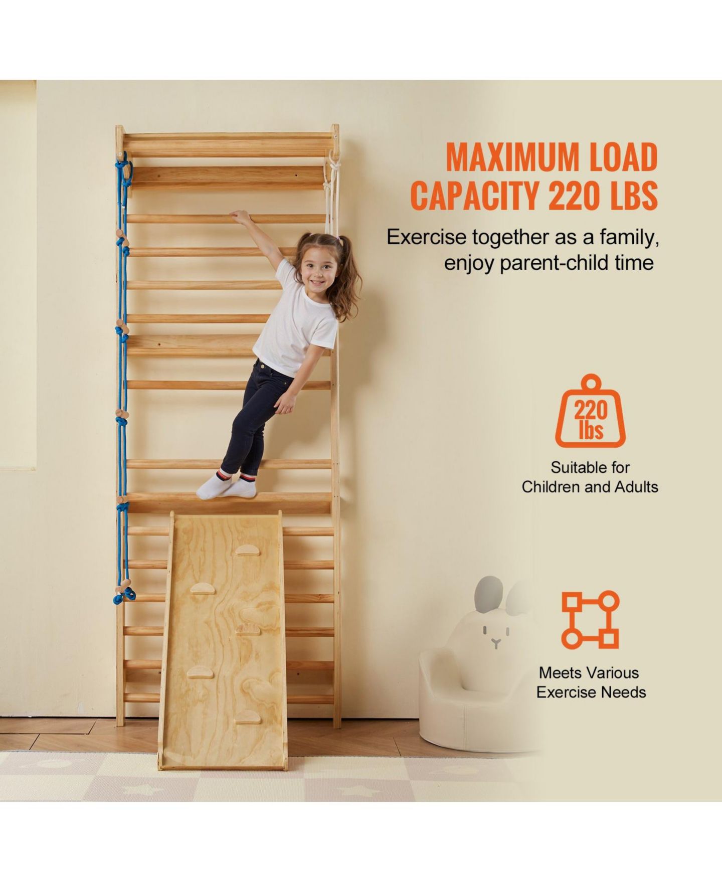 Детская игрушка SUGIFT 5-in-1 Swedish Ladder Wall Gym with Slide & Climbing Features, цвет: Натуральный — фото 9