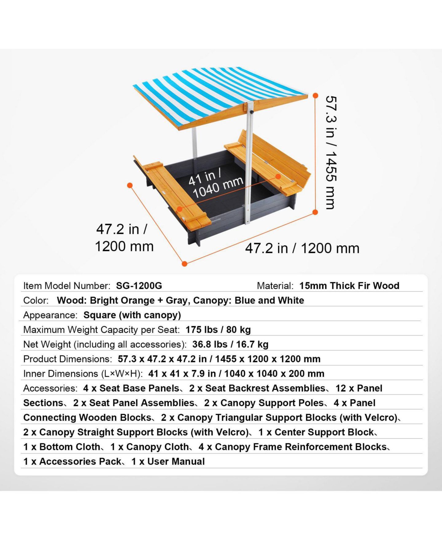 Детская игрушка SUGIFT Large Wooden Sandbox with Canopy & Bench Seats, цвет: Серый — фото 4