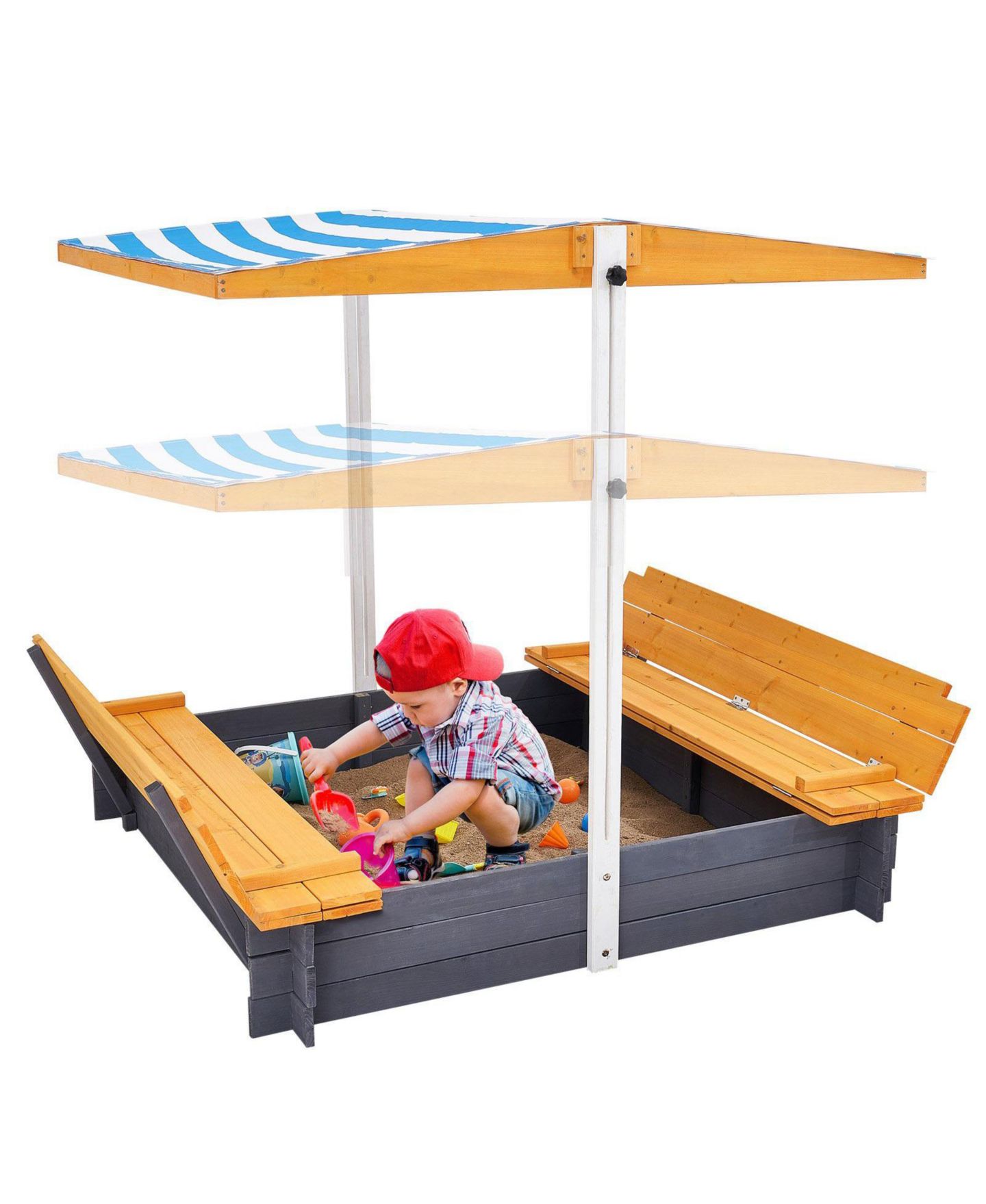 Детская игрушка SUGIFT Large Wooden Sandbox with Canopy & Bench Seats, цвет: Серый — фото 1