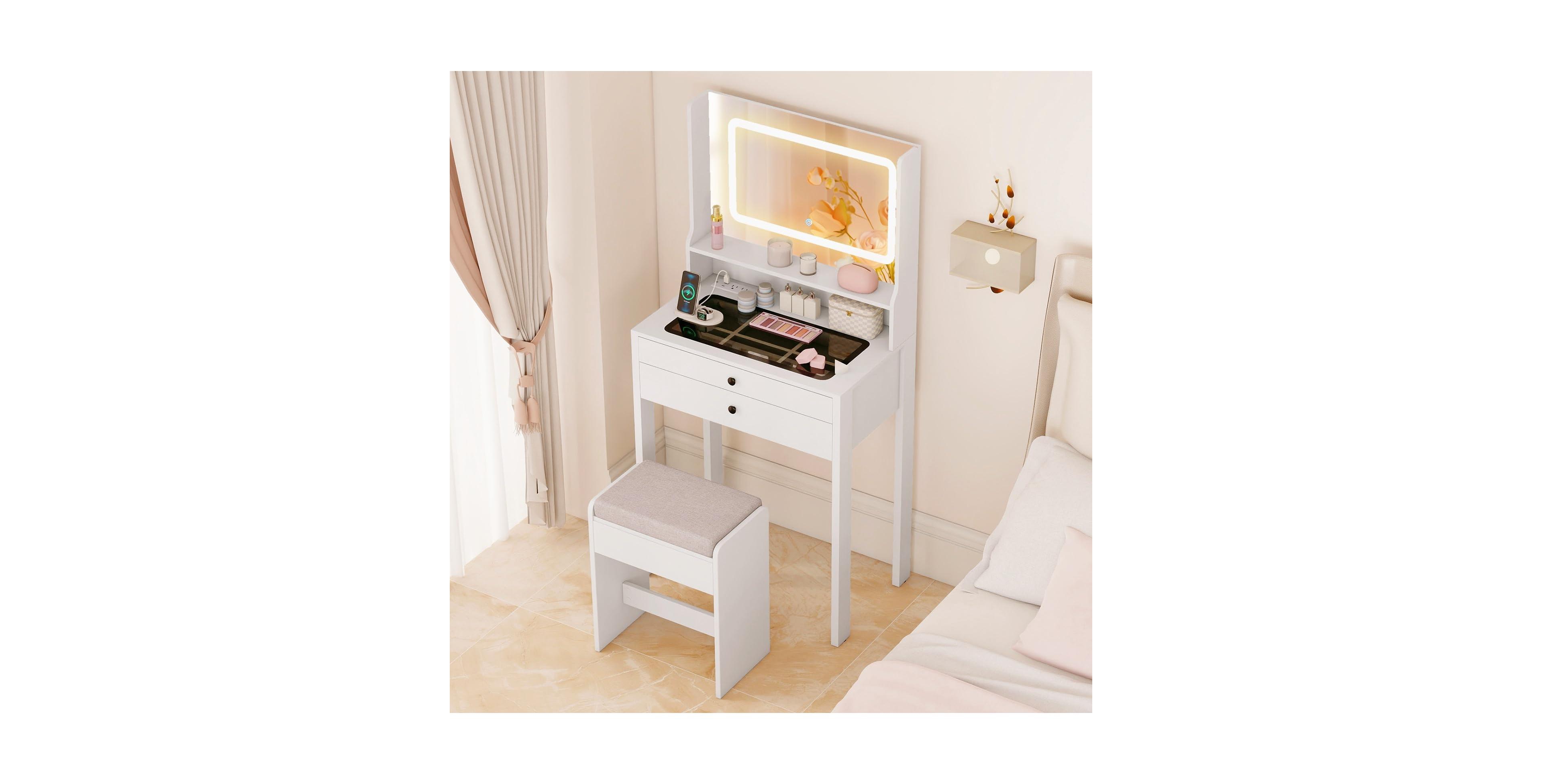 Volenca Small Vanity Desk with Lighted Mirror and Lights for Bedroom, Makeup Table