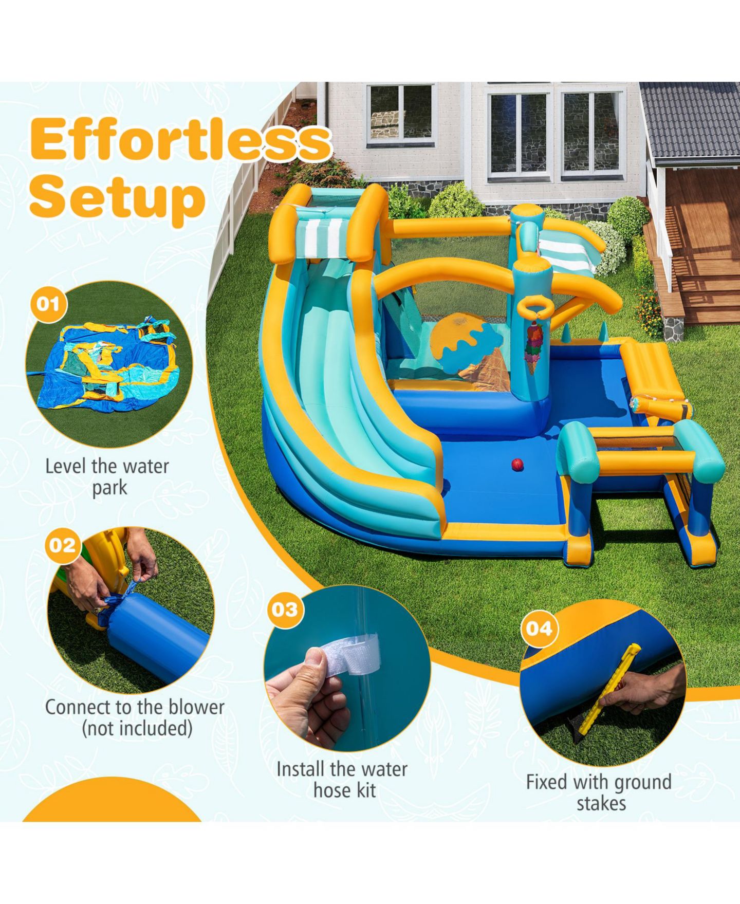Детская игрушка SKONYON Ice-Cream Themed Inflatable Water Slide Bounce House with Games, Holds up to 5 Kids, Ages 3-12, цвет: Синий — фото 9