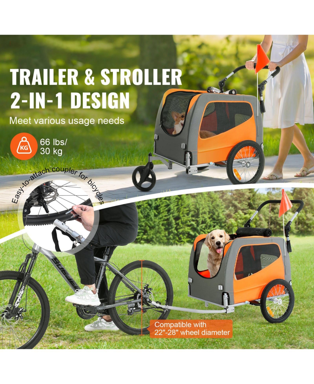 Dog Bike Trailer 2-in-1 Pet Stroller Carrier 66 Lb Capacity Orange Gray