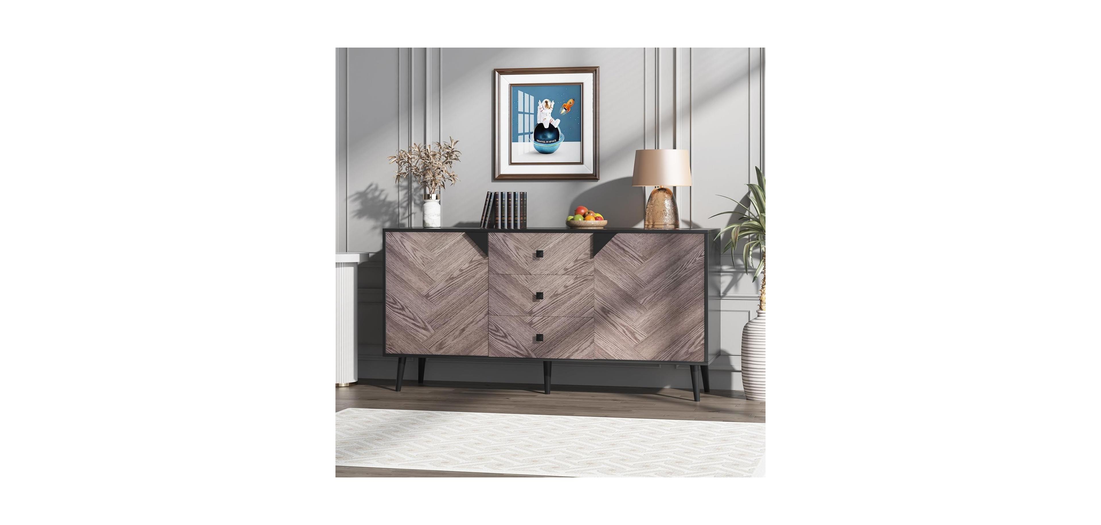 Gaomon 55.1" sideboard buffet with storage, 3 drawers, adjustable shelf and doors; modern freestanding accent cabinet for dining