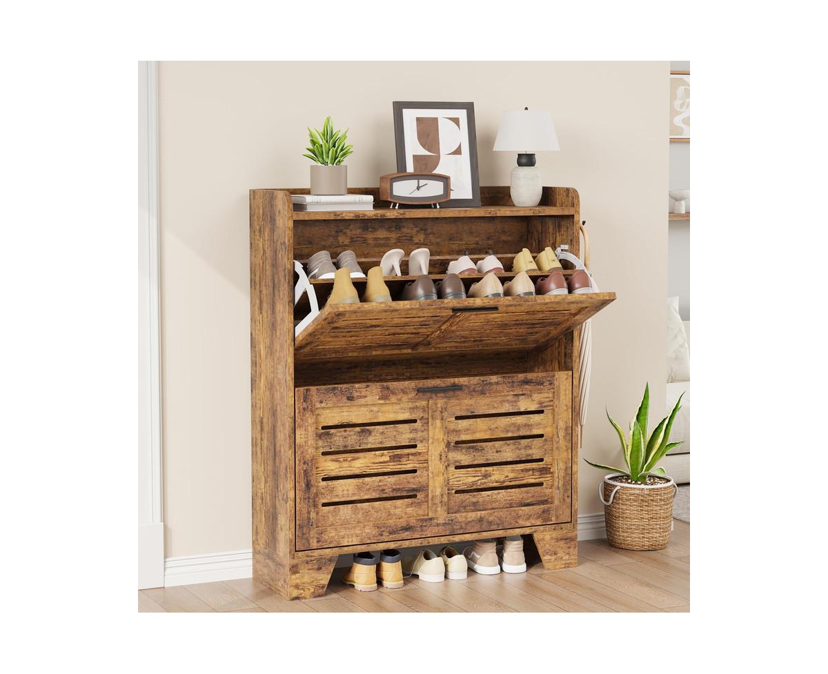 gaomon Shoe Storage Cabinet with 2 Flip Drawers, Narrow Shoe Cabinet for Entryway, Freestanding Hidden Slim Shoe Organizer Cabinet with Hooks - Brown