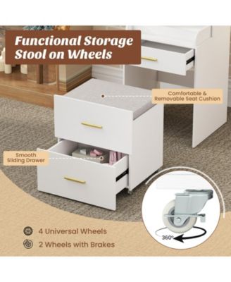 Makeup Vanity with Power Outlets and Flip-Top Mirror, Storage Stool Included