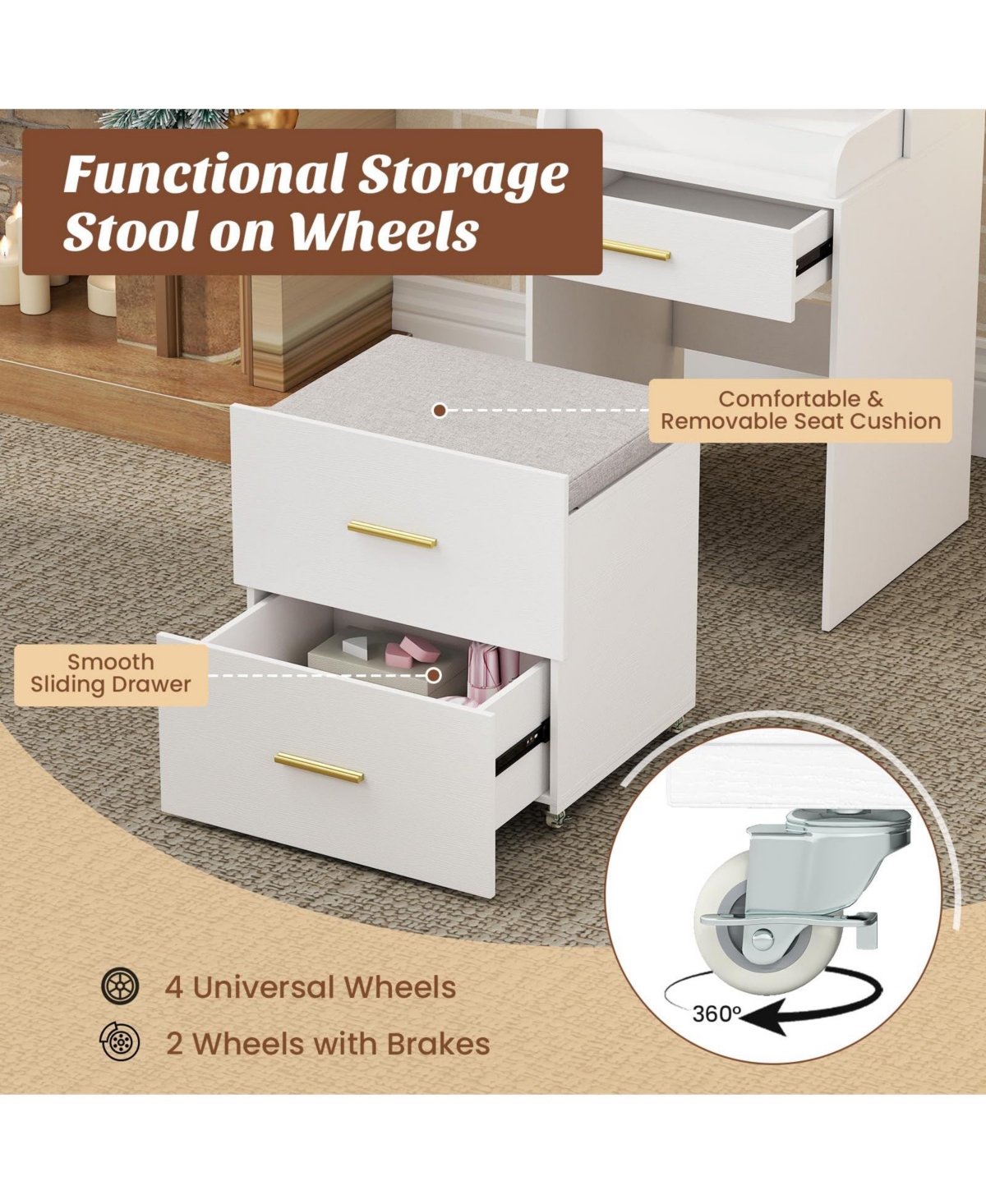 Volenca Makeup Vanity with Power Outlets and Flip-Top Mirror, Storage Stool Included