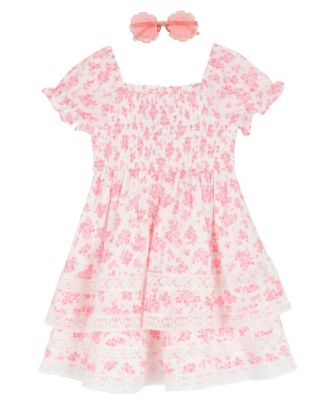 Girls' 2T-6X Printed Square Neck Smocked Dress with Sunglass
