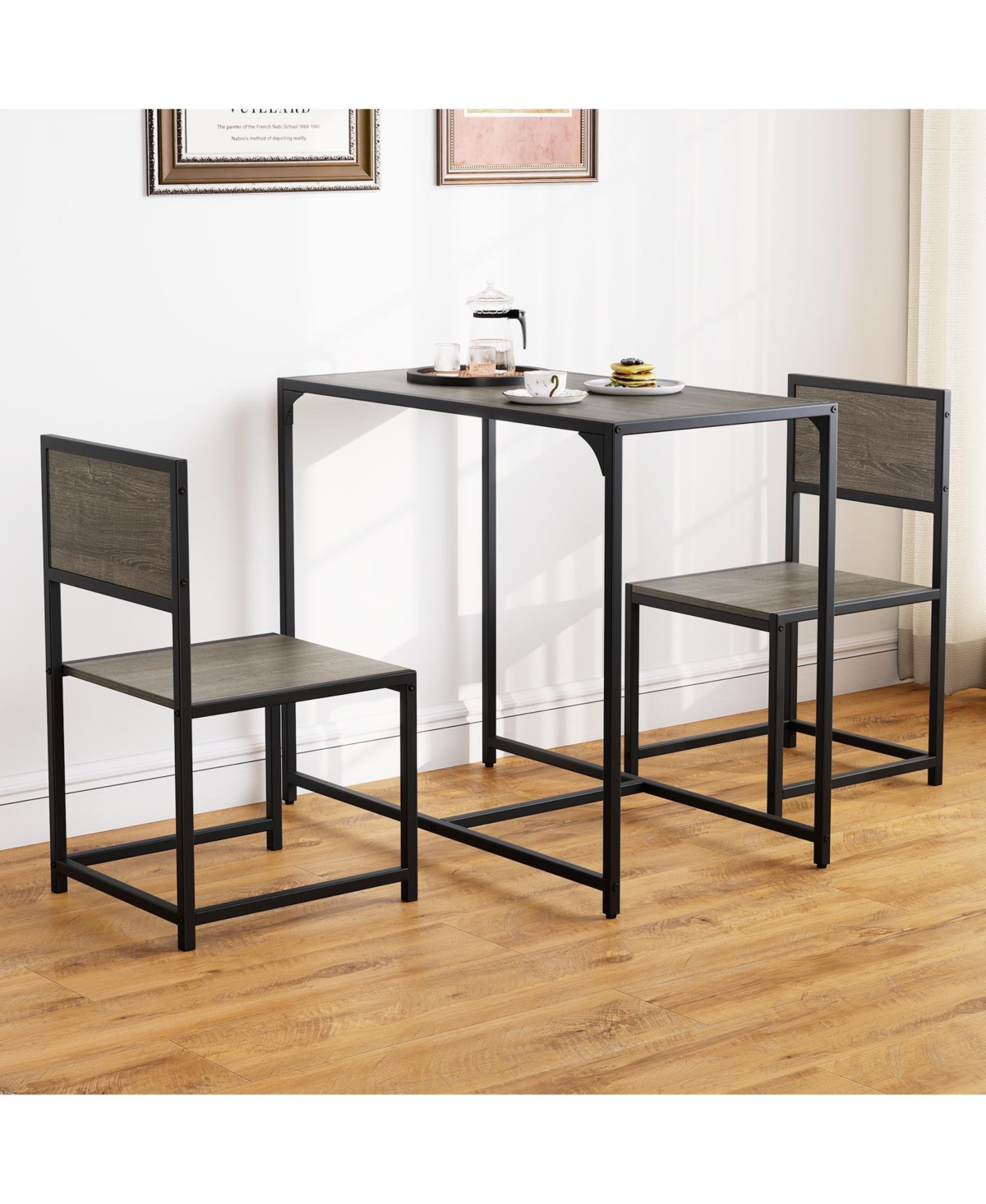 Slickblue 3 Pcs Dining Set Compact Table and 2 Chair with Metal Frame for for Small Space