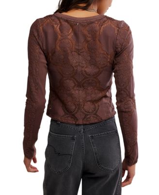 Women's Button-Front Long Sleeve Lace Top