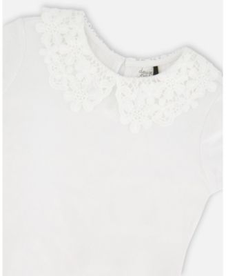 Big Girls T-Shirt with Crochet Peter Pan Collar White