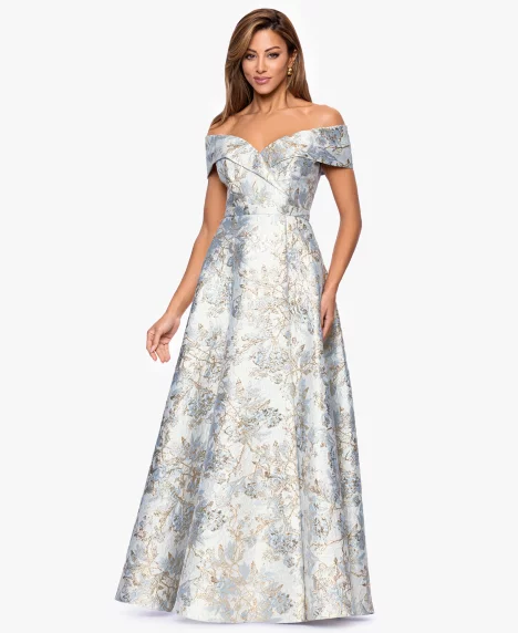 Petite Off-The-Shoulder Metallic Jacquard Gown - Blue/Gold